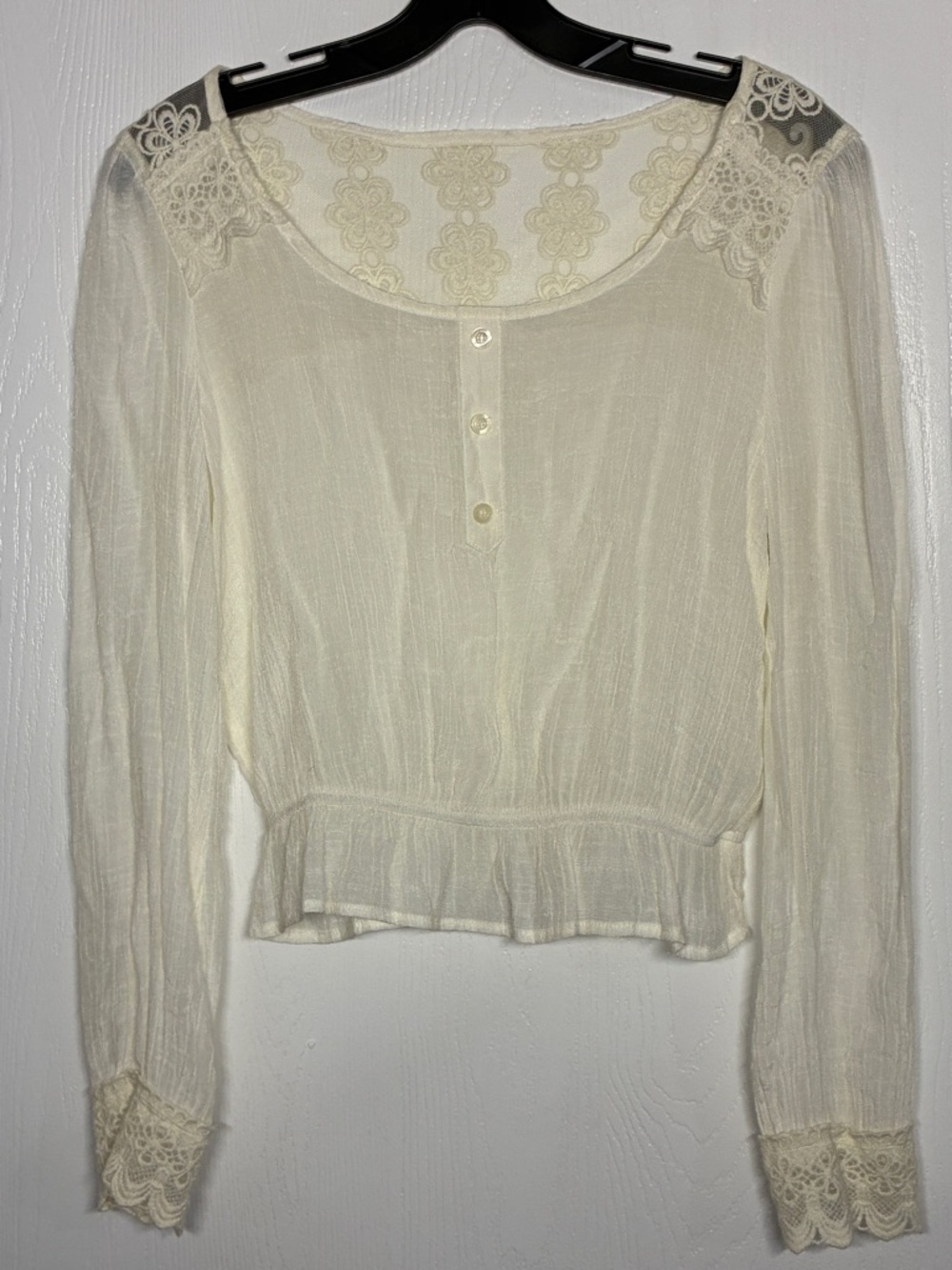 MINE Small Ivory Lace Boho Peplum Blouse Sheer Long Sleeve Top